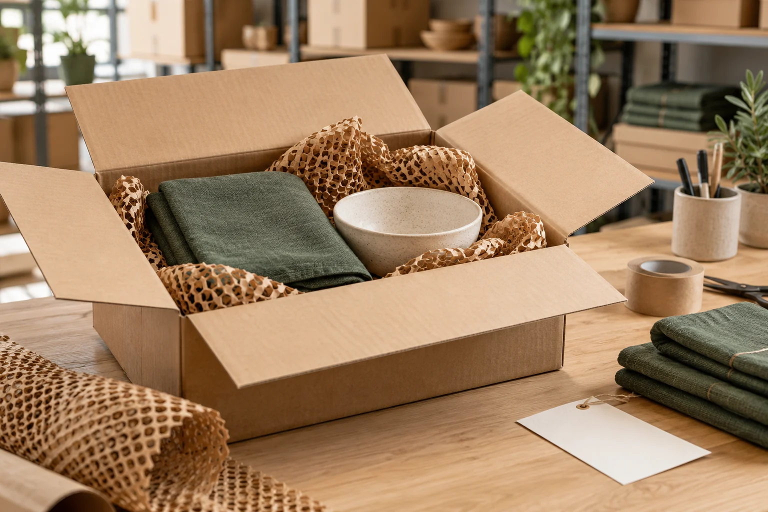 商品、包装与发货准备的静物场景